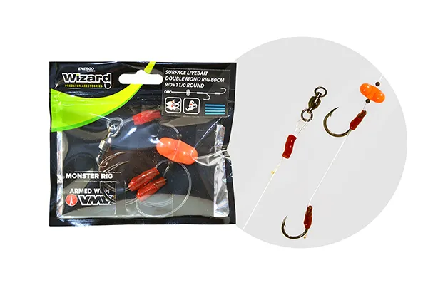 NextFish - Horgász webshop és horgászbolt - WIZARD MONSTER SURFACE LIVEBAIT DOUBLE MONO RIG 9/0+11/0 ROUND