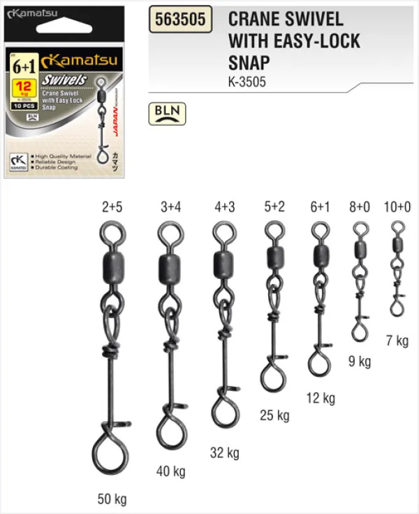 NextFish - Horgász webshop és horgászbolt - KAMATSU Crane Swivel with Easy - Lock Snap 2+5BLN 50kg K-3505