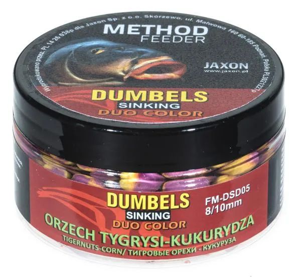 NextFish - Horgász webshop és horgászbolt - JAXON DUMBELS DUO COLOR SINKING METHOD FEEDER TIGRISMOGYORÓ/KUKORICA 50g 8/10mm wafter