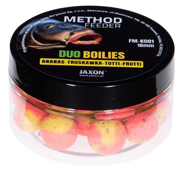 NextFish - Horgász webshop és horgászbolt - JAXON DUO-BOILIES METHOD FEEDER PINEAPPLE/TUTTI-FRUTTI/STRAWBERRY 5x40g 16mm