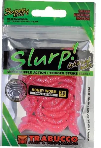 NextFish - Horgász webshop és horgászbolt - Trabucco Slurp Bait Honey Worm pink Glitter 30 db pink gumi méhlárva